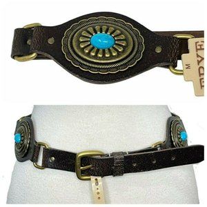 Frye & Co Leather Belt with Turquoise Stone Size M Brown Southwestern $68 NWT
